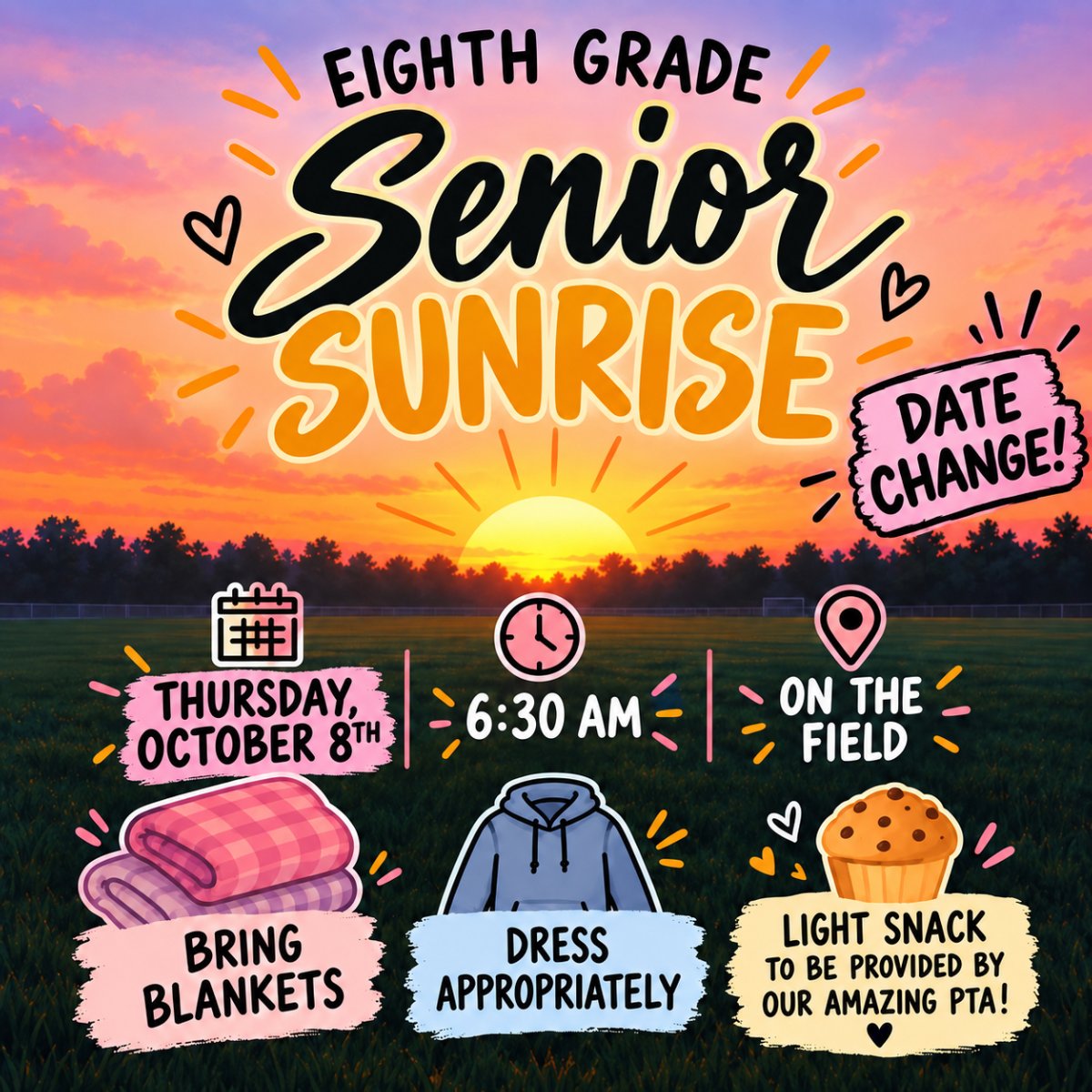A sunrise with a backpack, blanket and donut. 